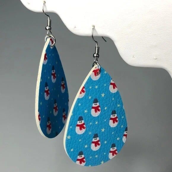 Light Blue PU Leather Snowman Teardrop Earrings - Picture 3 of 6